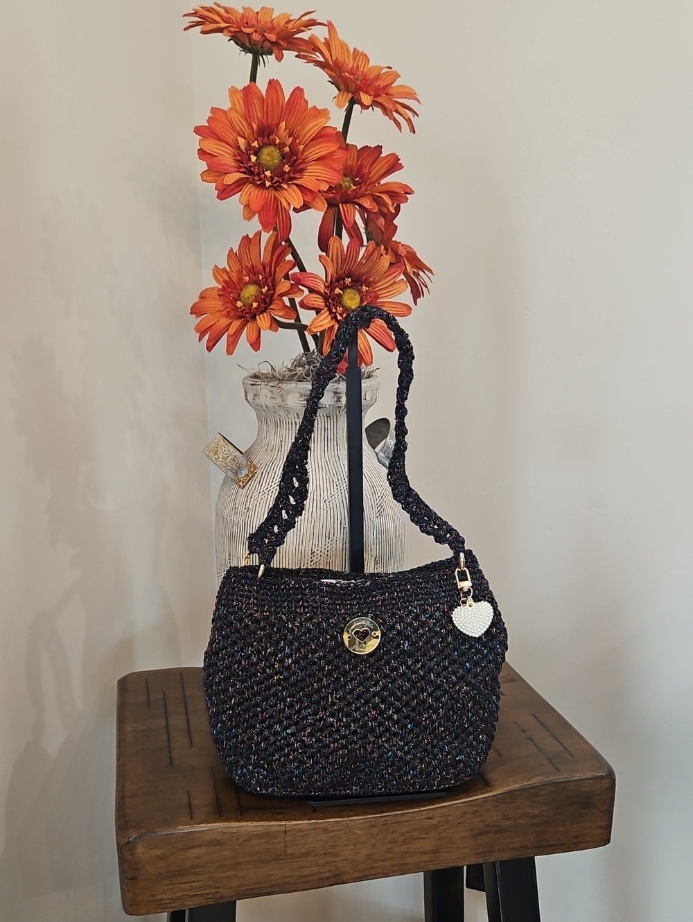 Black Multicolor Woven Shoulder Bag with Heart Charm